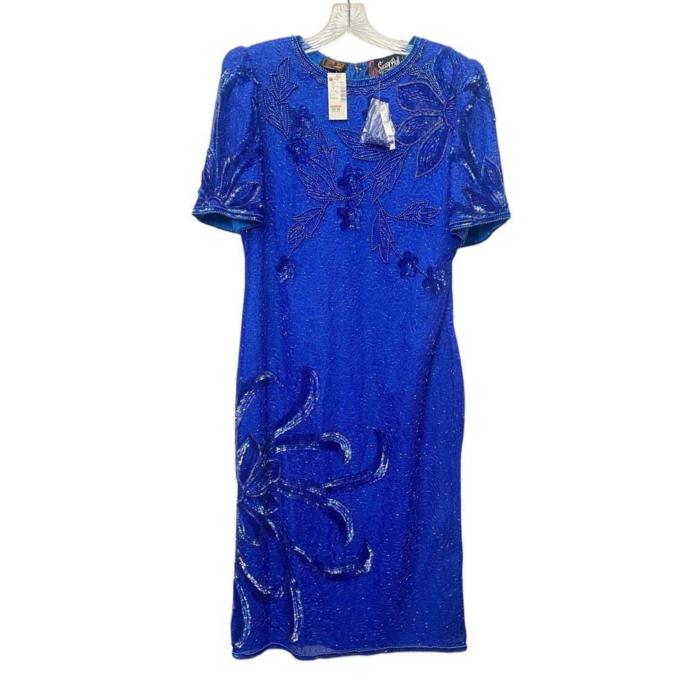 VTG Sassy Doll Bead Silk Dress Padded Shoulder Sequin Y2k Floral Cocktail Party